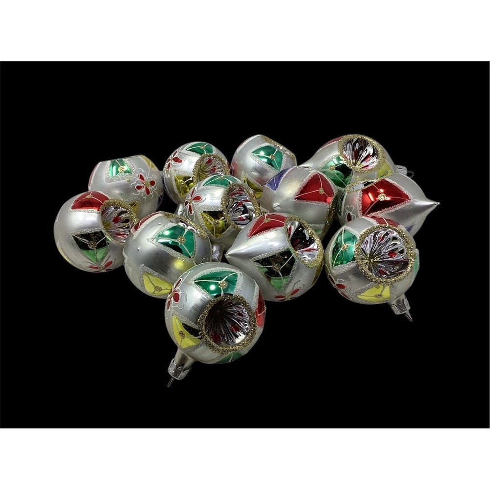 Vtg (12) Glass Indent Christmas Ornaments Tear Drop/Round 2" Glitter